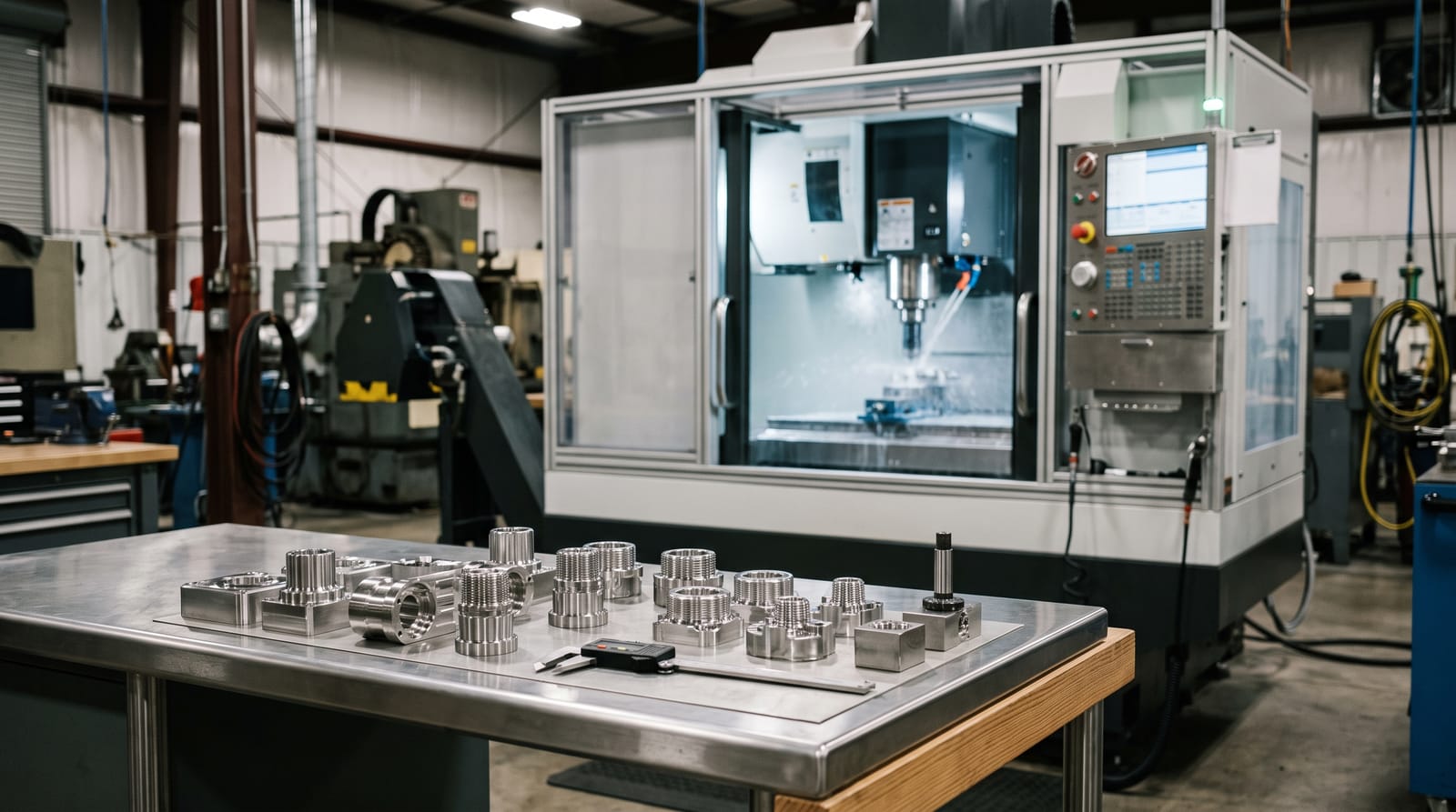 Machined stainless steel fittings and a digital caliper on a steel inspection table, with a CNC milling machine cutting a part behind them.