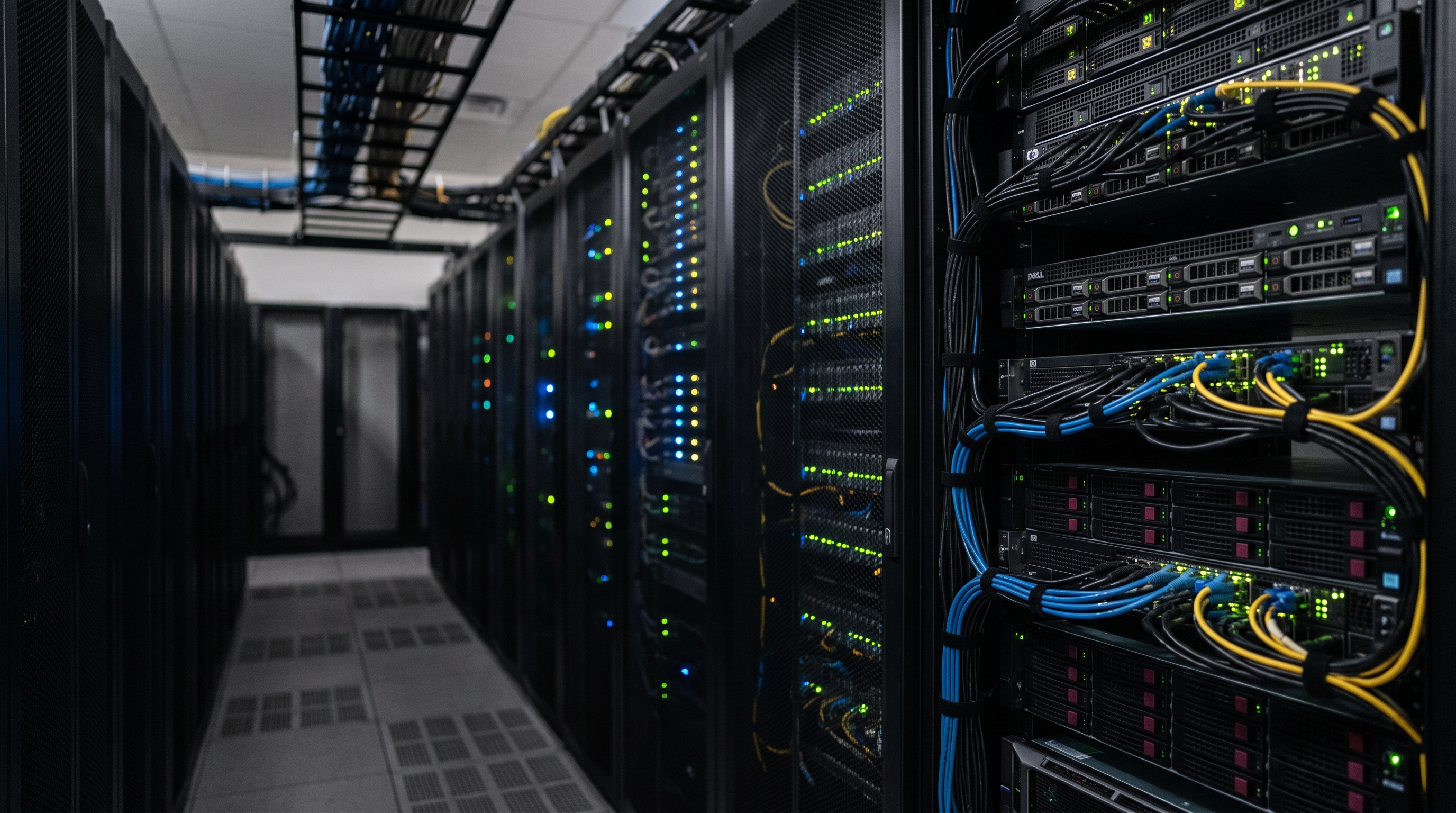 A dark server rack room with illuminated network cables, fiber optic patch panels, and organized hardware racks.