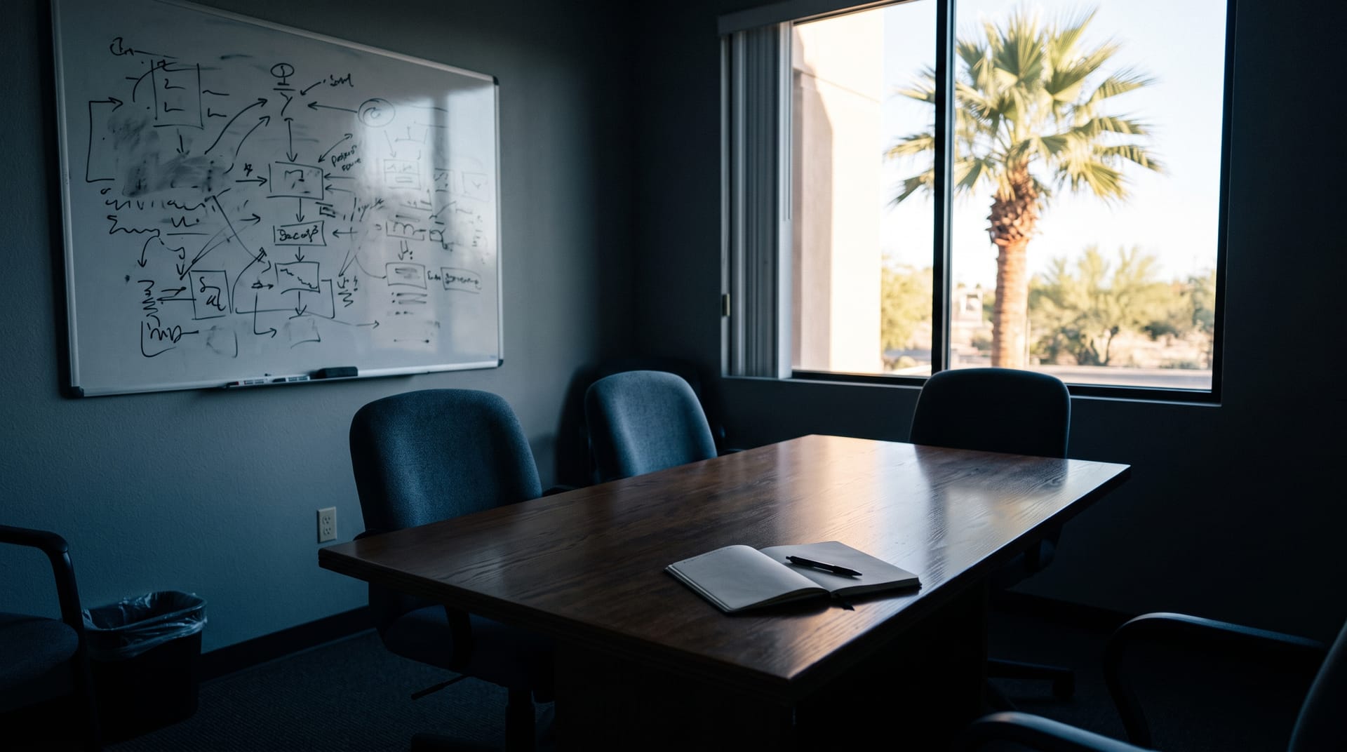 A small conference room in a Phoenix office in the morning: a whiteboard with a half-erased operations diagram and three chairs pushed in around the table.