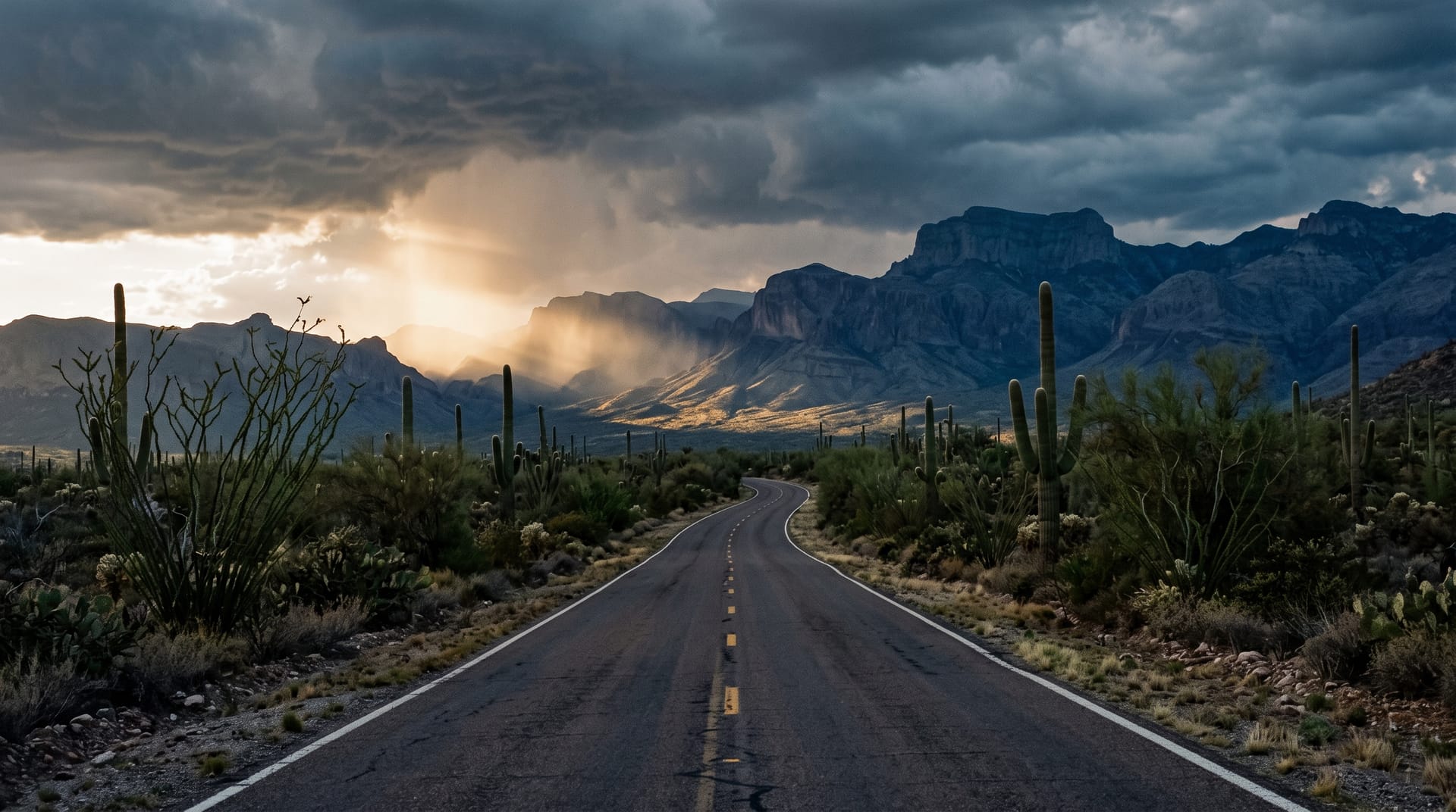 A two-lane highway crossing the Sonoran Desert toward distant mountains under a monsoon sky, saguaros along the road.