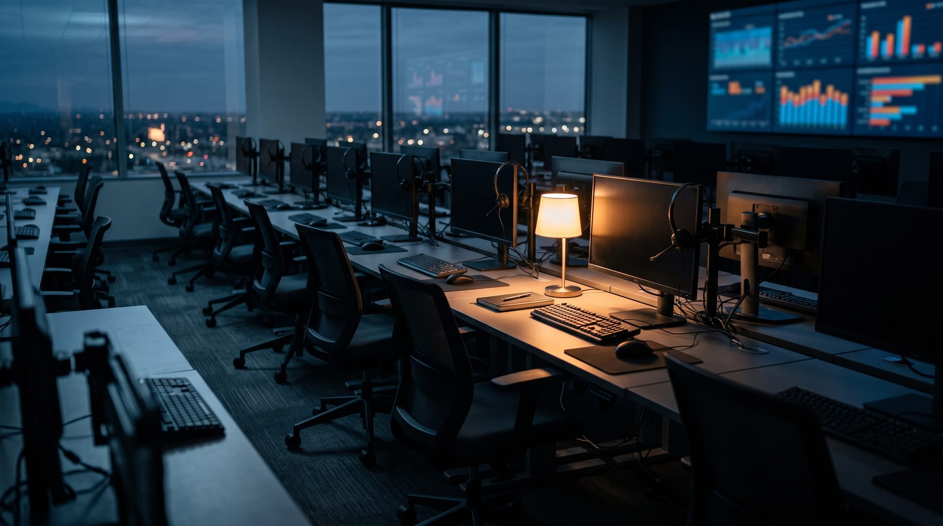 A customer support floor after hours: rows of desks with headsets hung on monitor arms, one desk lamp still on, and a wall display of blurred queue metrics.
