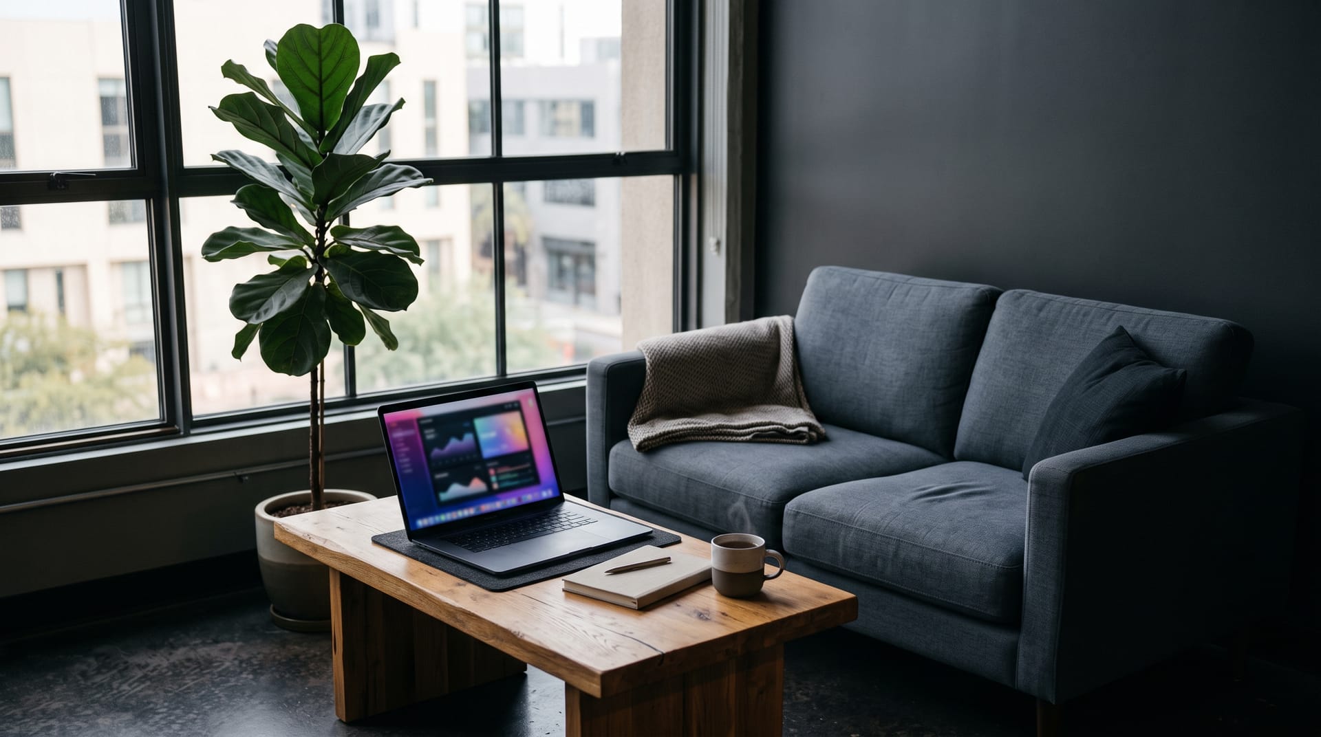 A quiet HR wellness corner in an office: a small sofa, a plant, and a laptop open on a low table showing a blurred dashboard beside a notebook.