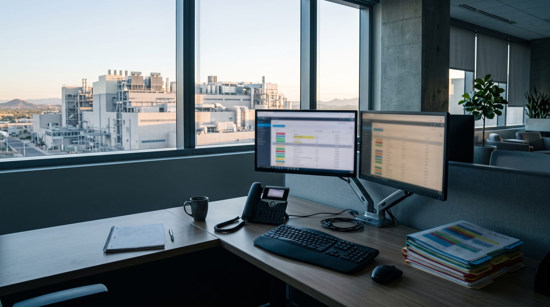 An HR support desk in a semiconductor company office: a phone headset, color-tabbed personnel folders, and two monitors, with the fab building visible through the window.