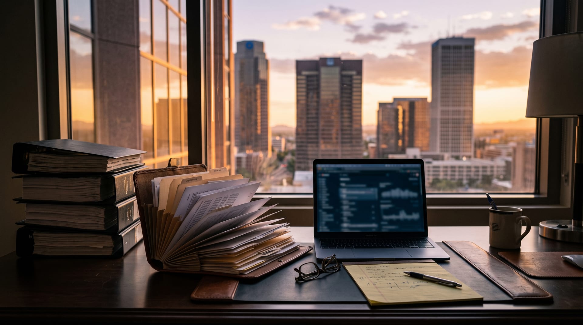 A law firm associate desk in late afternoon: stacked deposition binders, an open accordion folder of tabbed documents, a laptop and reading glasses, with downtown Phoenix through the window.