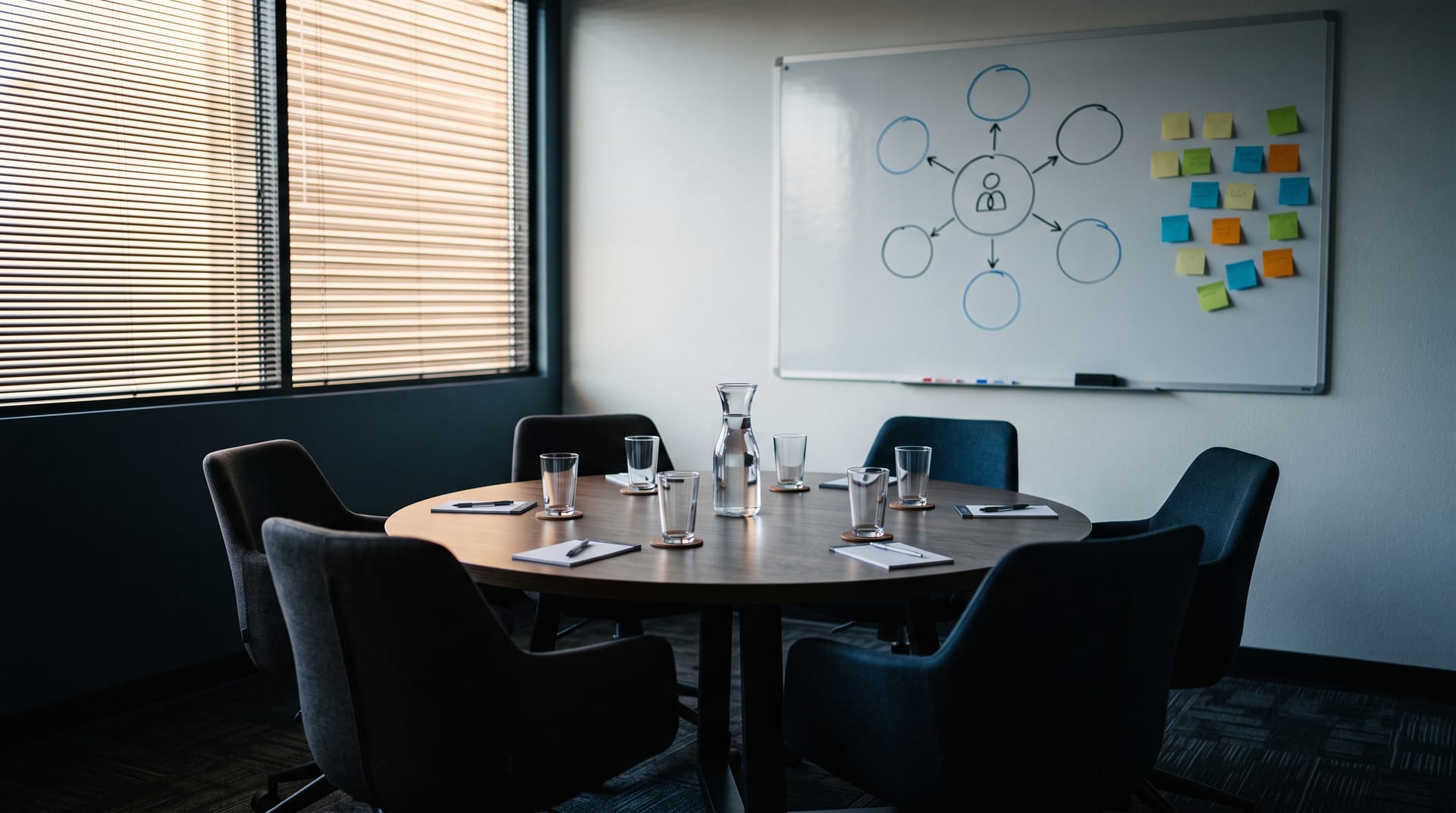 A small meeting room set for a mentor circle: six chairs around a round table, a whiteboard with a hand-drawn circle diagram, and afternoon light.