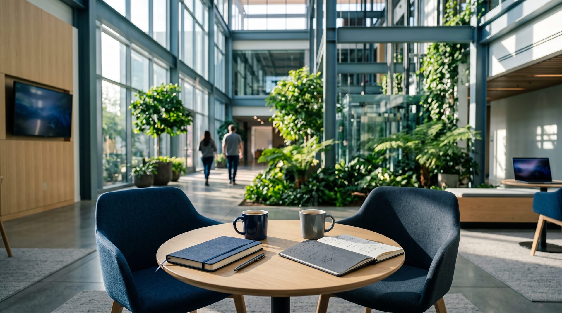 A small round table with two chairs in a bright technology-campus atrium, set with two notebooks and two coffees for a one-on-one conversation.