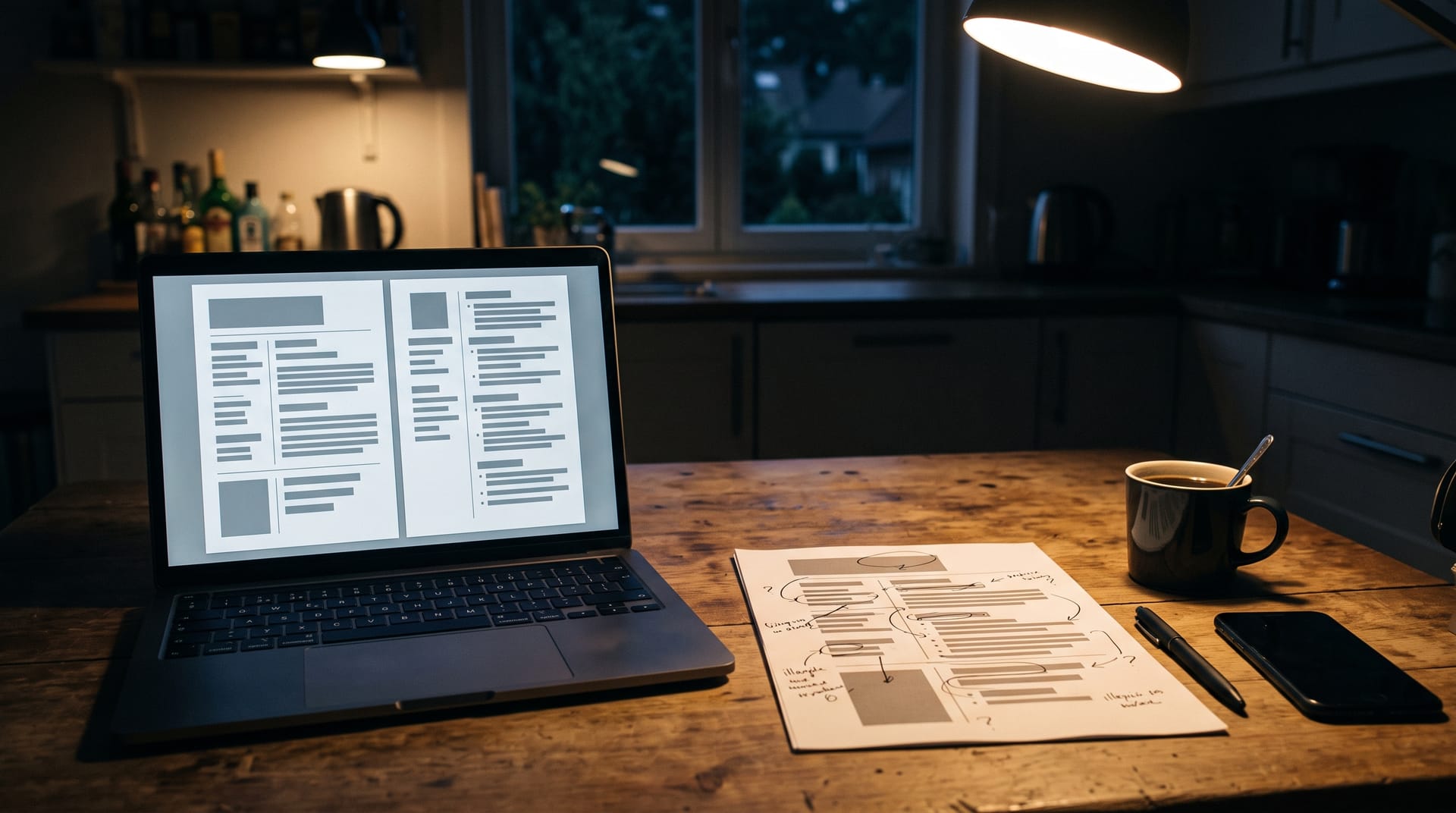 A kitchen table at night with a laptop showing a resume template made of grey placeholder bars, a printed draft with handwritten arrows in the margins, a mug and a phone under warm lamp light.