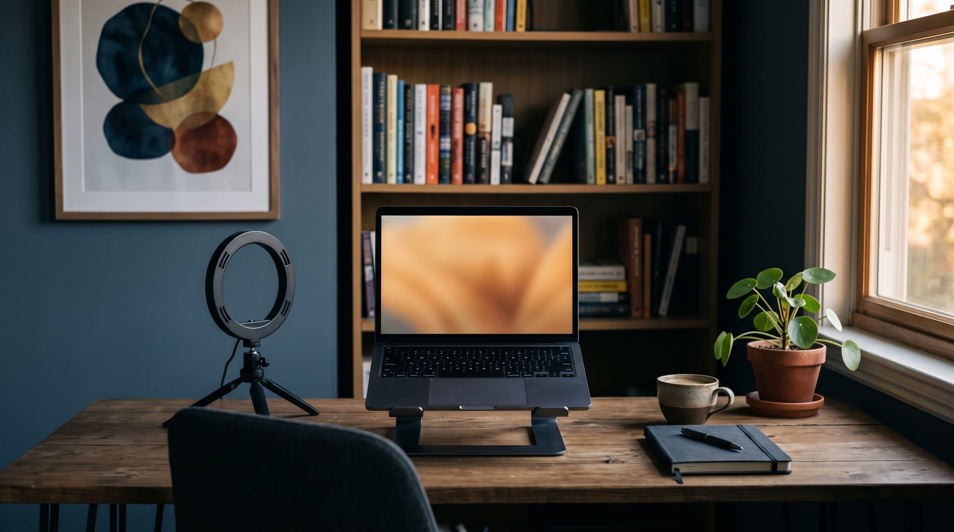 A home office set up for client video sessions: a laptop on a stand facing an empty chair, a small ring light switched off, a notebook, a pen and a cup of coffee on a wooden desk, bookshelves behind in late-afternoon light.