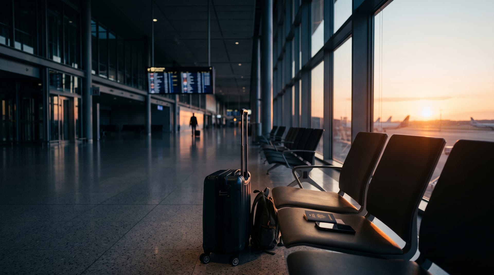 An airport departures hall at dawn: an empty row of seats by a tall window, a rolling suitcase, and a passport and phone left on the seat, with departure boards blurred in the distance.
