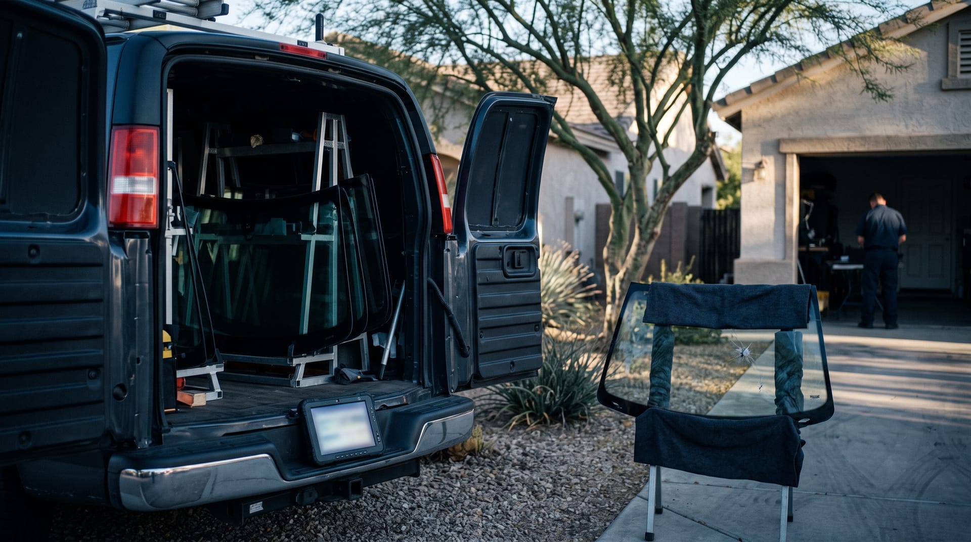A mobile auto-glass service van parked in a suburban Phoenix driveway with its rear doors open to racked windshields, a tablet resting on the bumper in morning light.