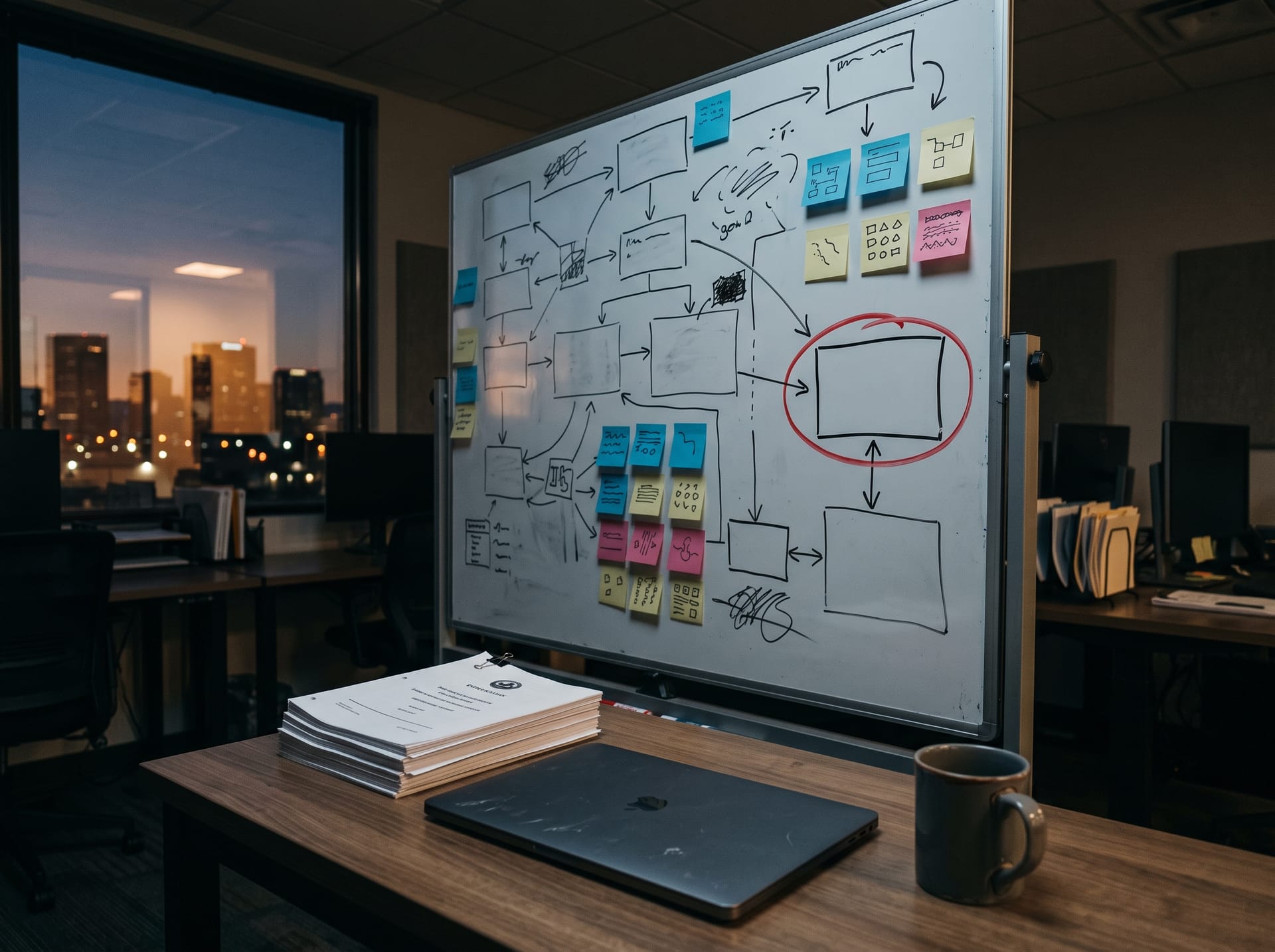 A whiteboard in a quiet operations office covered in a hand-drawn process map, one step circled in red marker, with desert evening light coming through the window.