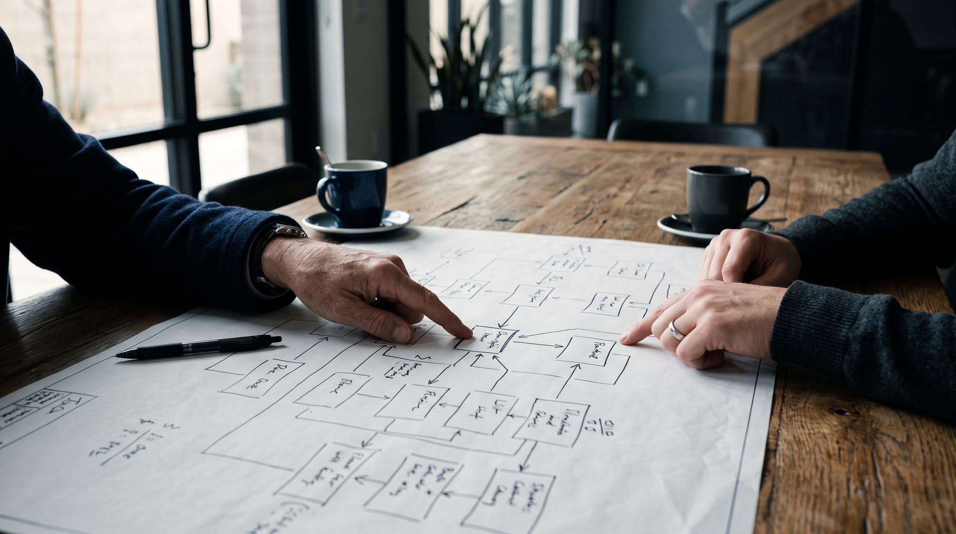 A printed operations blueprint spread across a conference table, with two people's hands pointing at one step.