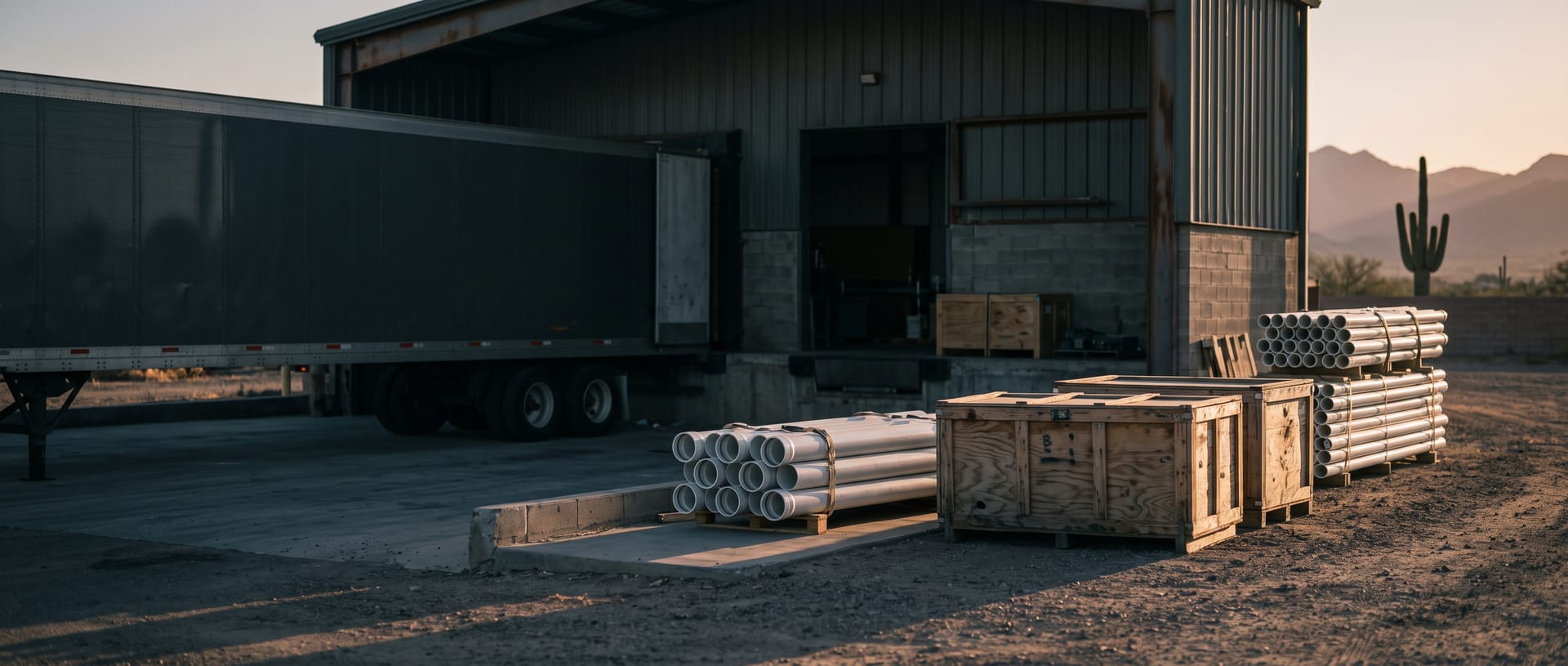 A loading dock at a Phoenix industrial supplier at golden hour, pallets of white PVC pipe and instrumentation crates ready to ship.