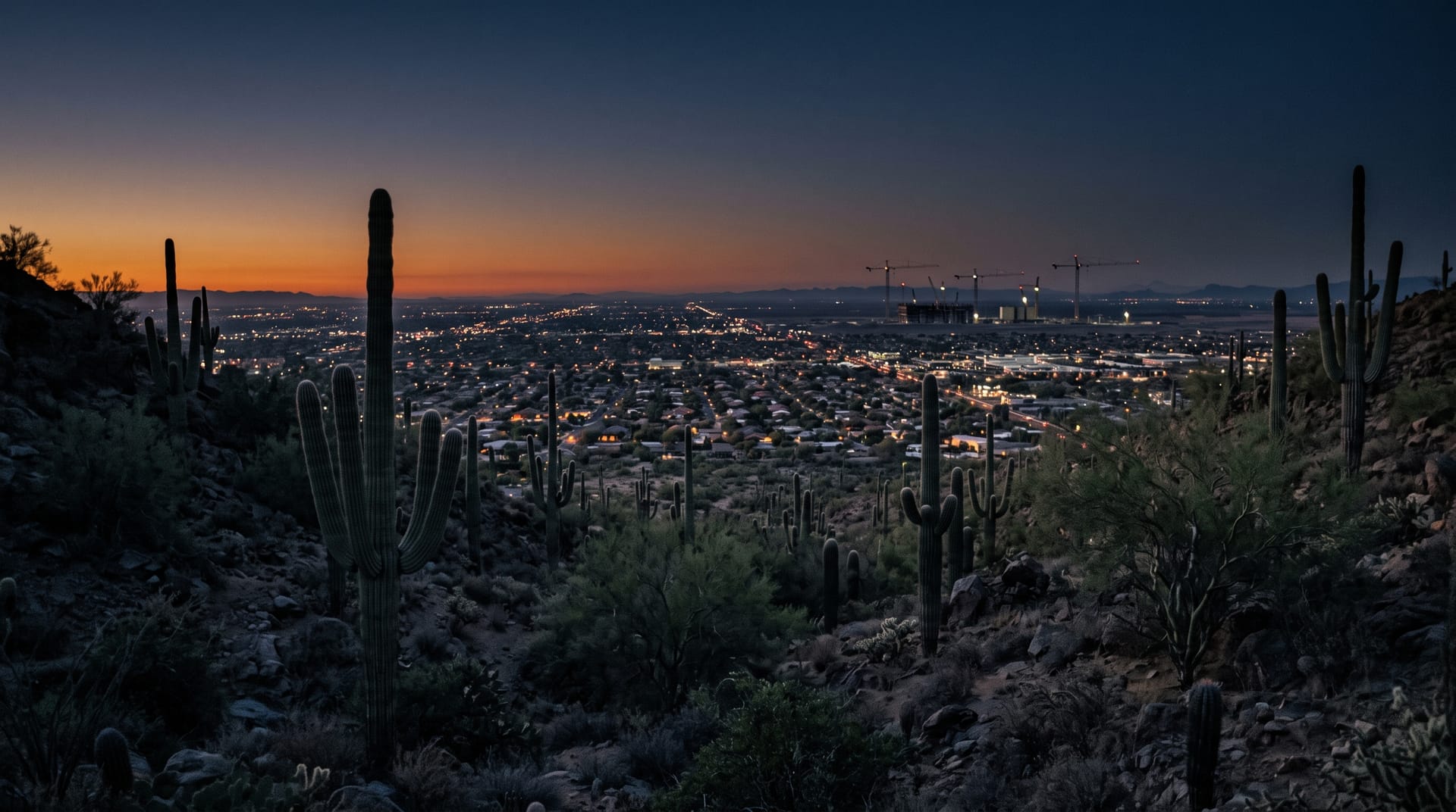 South Mountain and the Ahwatukee foothills at dusk with Phoenix city lights beginning to glow and saguaros in the foreground.