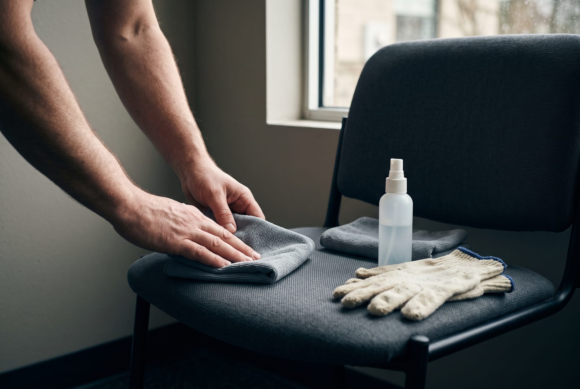 Two hands folding a gray microfiber cloth on a waiting-room chair, beside a small spray bottle and a pair of work gloves.