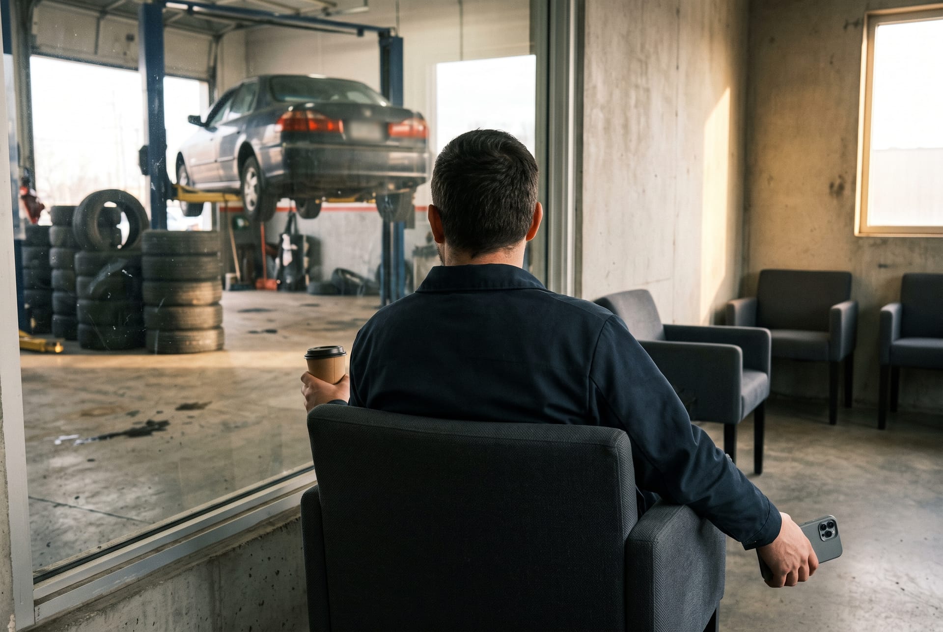 A customer seen from behind waits in a tire shop lounge with a coffee and a phone, looking through a window at the service bays.
