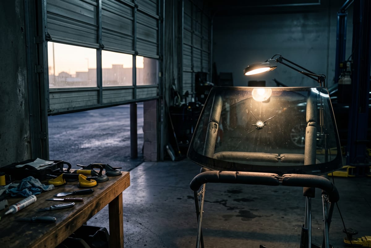 An auto glass service bay with a windshield on a stand, a bright inspection lamp raking across a small crack.