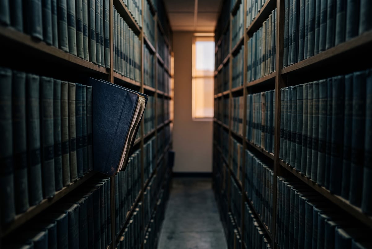 Rows of bound case files and binders in a law firm records room, one binder pulled halfway out.