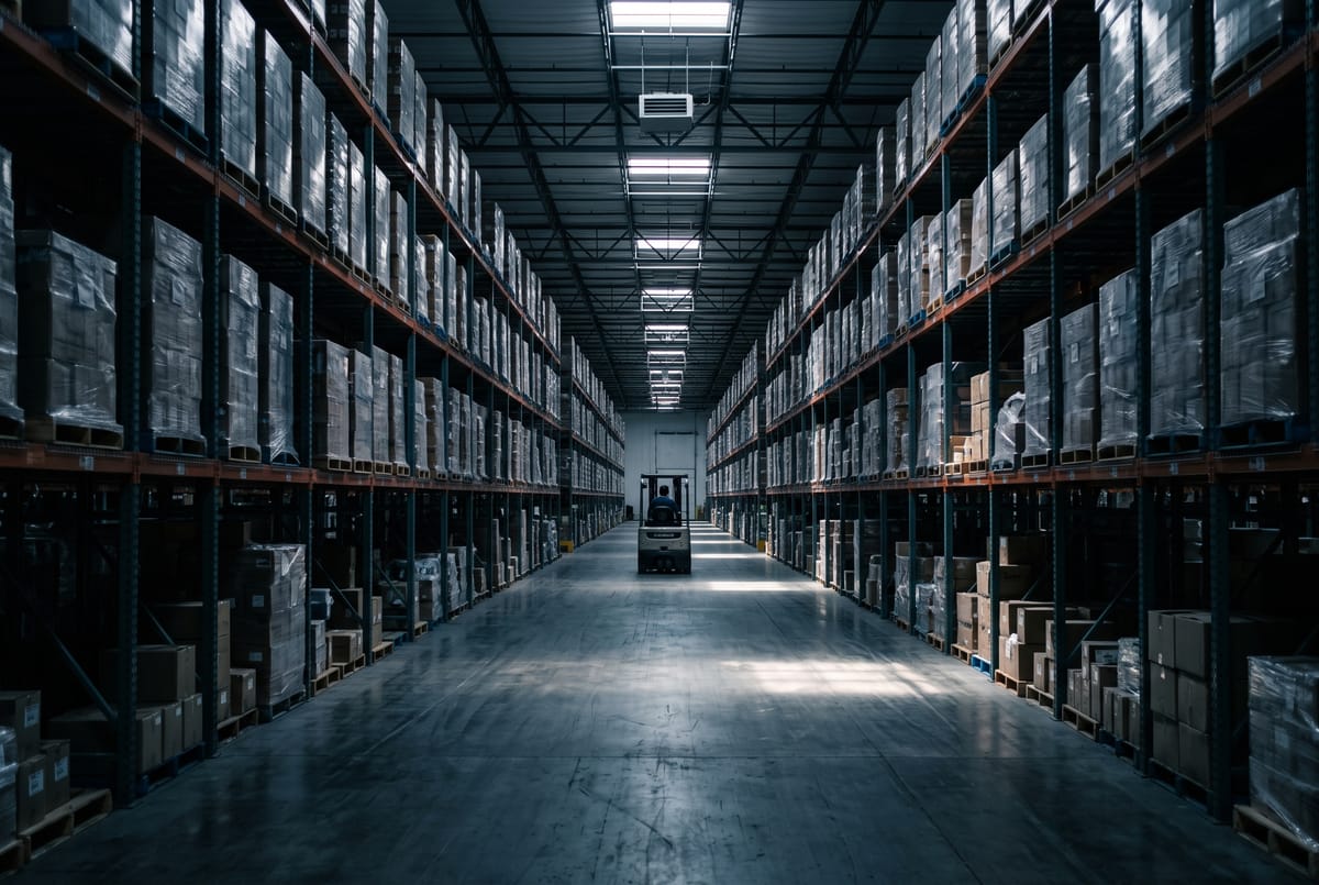 A distribution warehouse aisle with racked pallets and a forklift far in the distance under skylights.