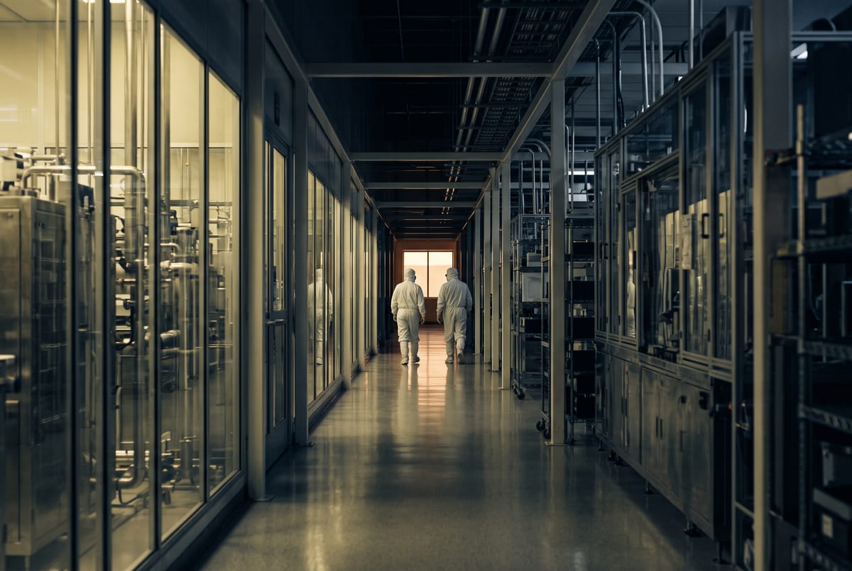 A long corridor inside a semiconductor fab with filtered light and two workers in cleanroom suits walking away.